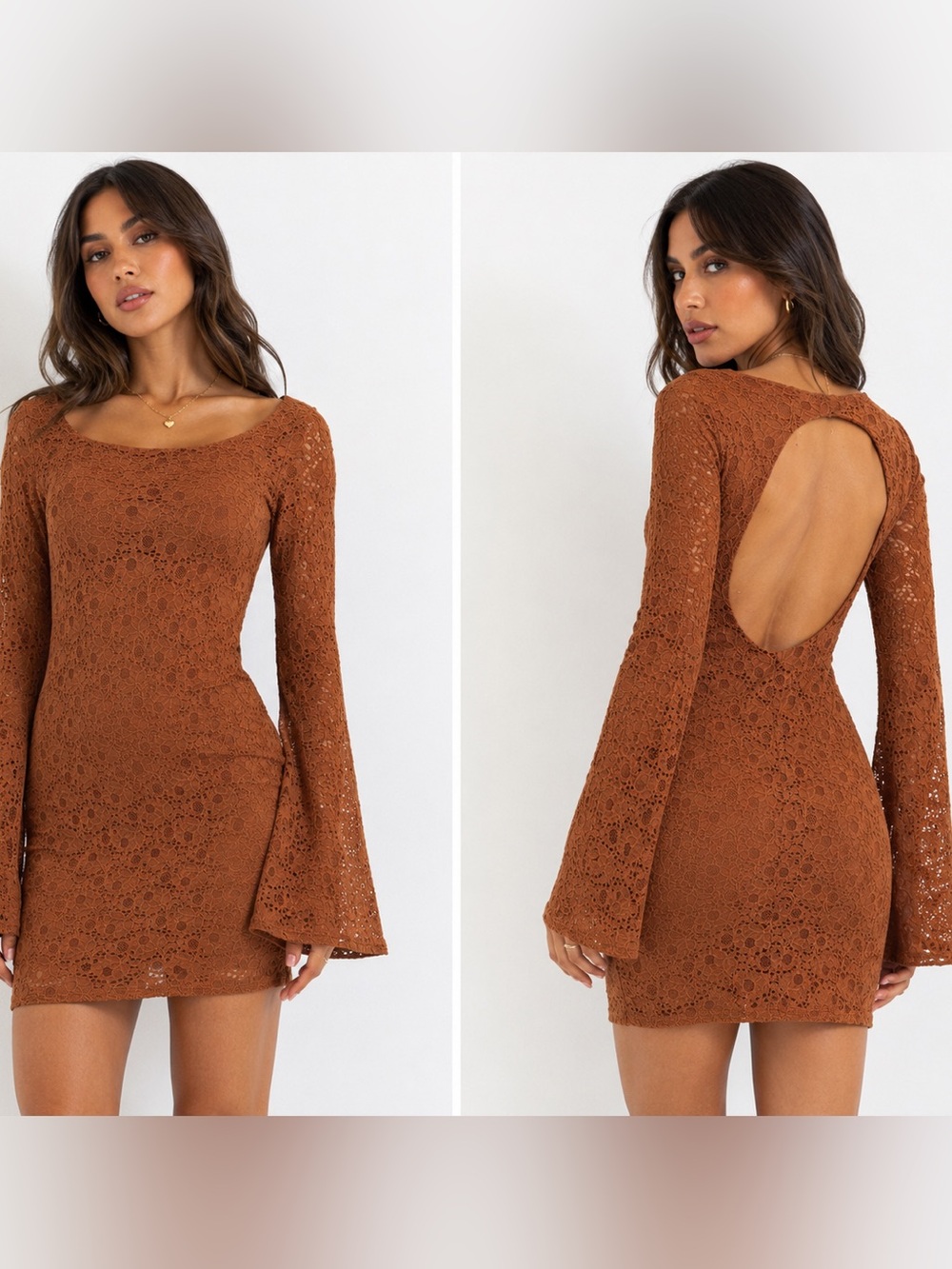 Y2K Vintage Moda International Floral lace Bell Sleeve Open Back Mini Dress, S